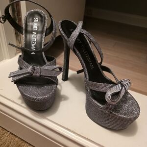 Stuart Weitzman Silver Glitter Platform Heels